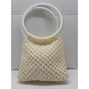 Vintage Crochet Hand Bag Purse Ivory with White Plastic Handles Lined Retro Boho